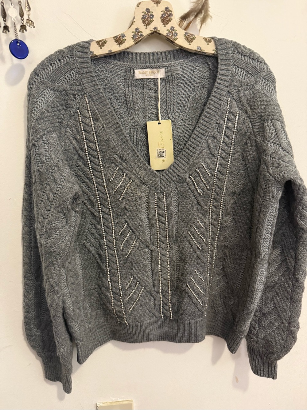 NWT Ramy Brook Trinity Crystal Embellished Cable Knit Sweater Grey Combo XS $385